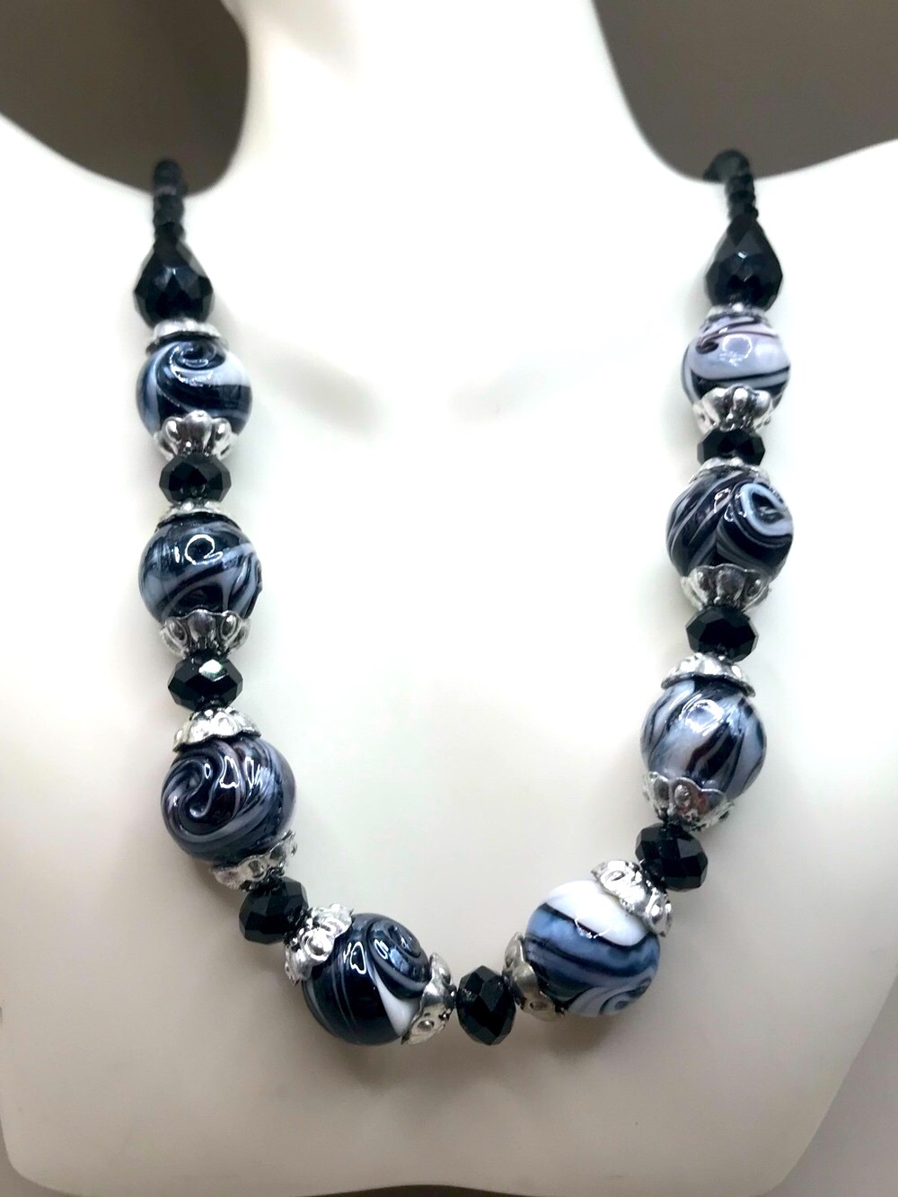 Marbled Black, Blue & White Swirl Glass Bead Necklace